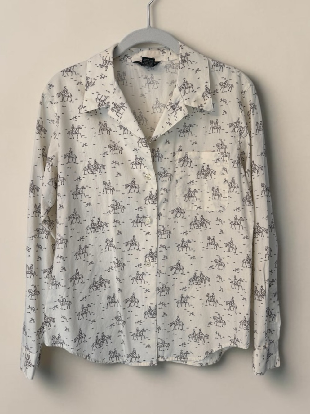 Vintage J.Crew Equestrian Horse Toile Print Cotton Shirt Made in Hong Kong 10